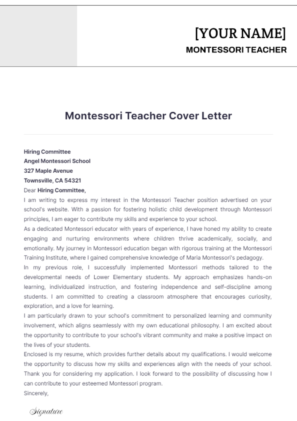 Montessori Teacher Cover Letter - Edit Online & Download