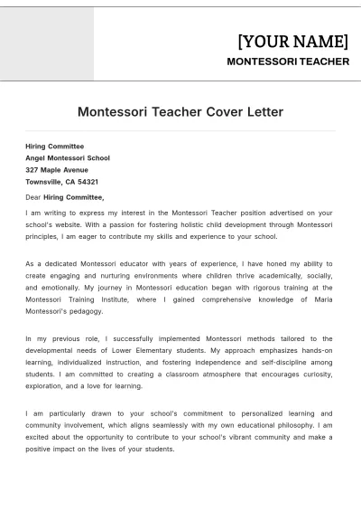Free Montessori Teacher Cover Letter to Edit Online