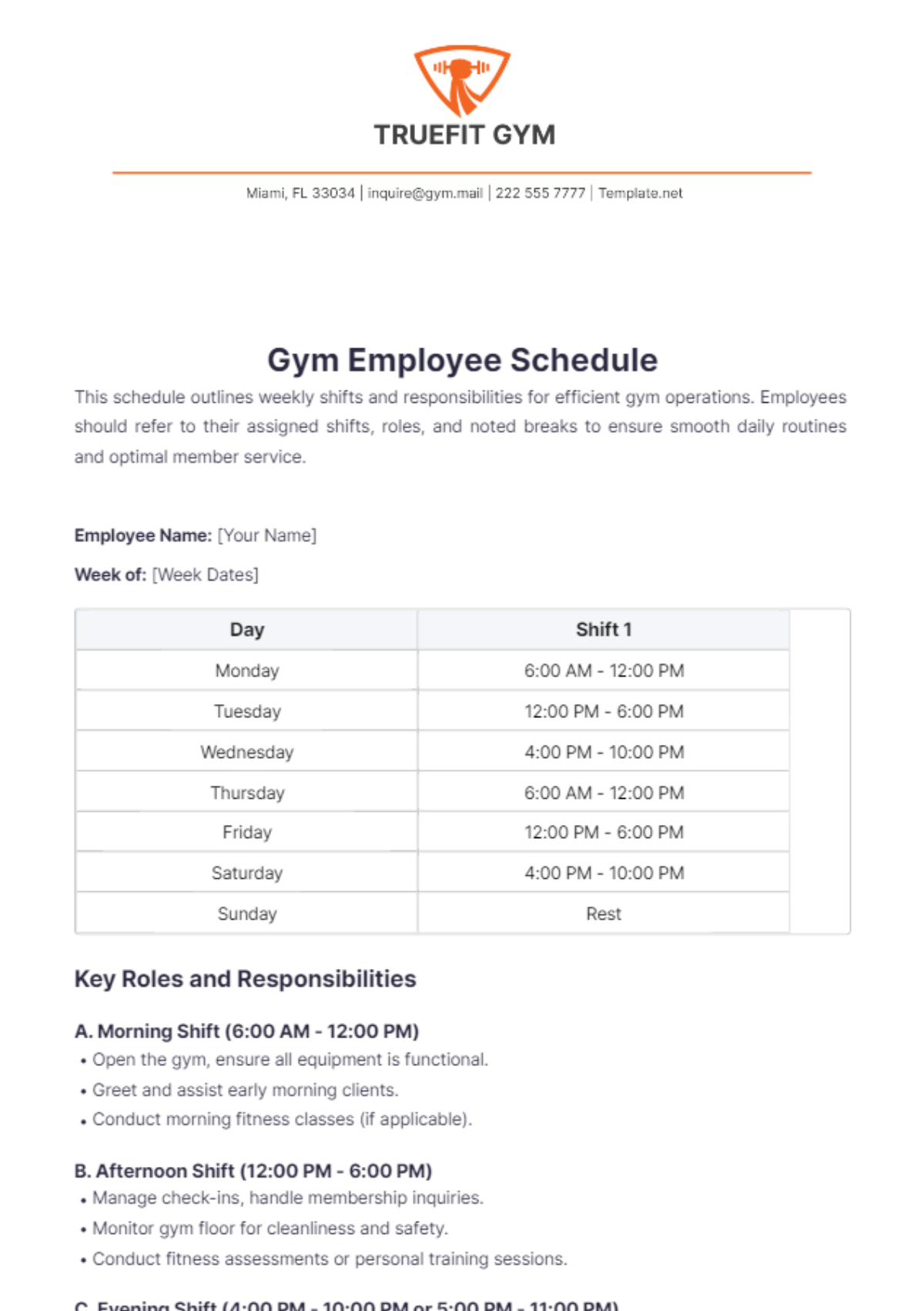 Gym Employee Schedule Template - Edit Online & Download