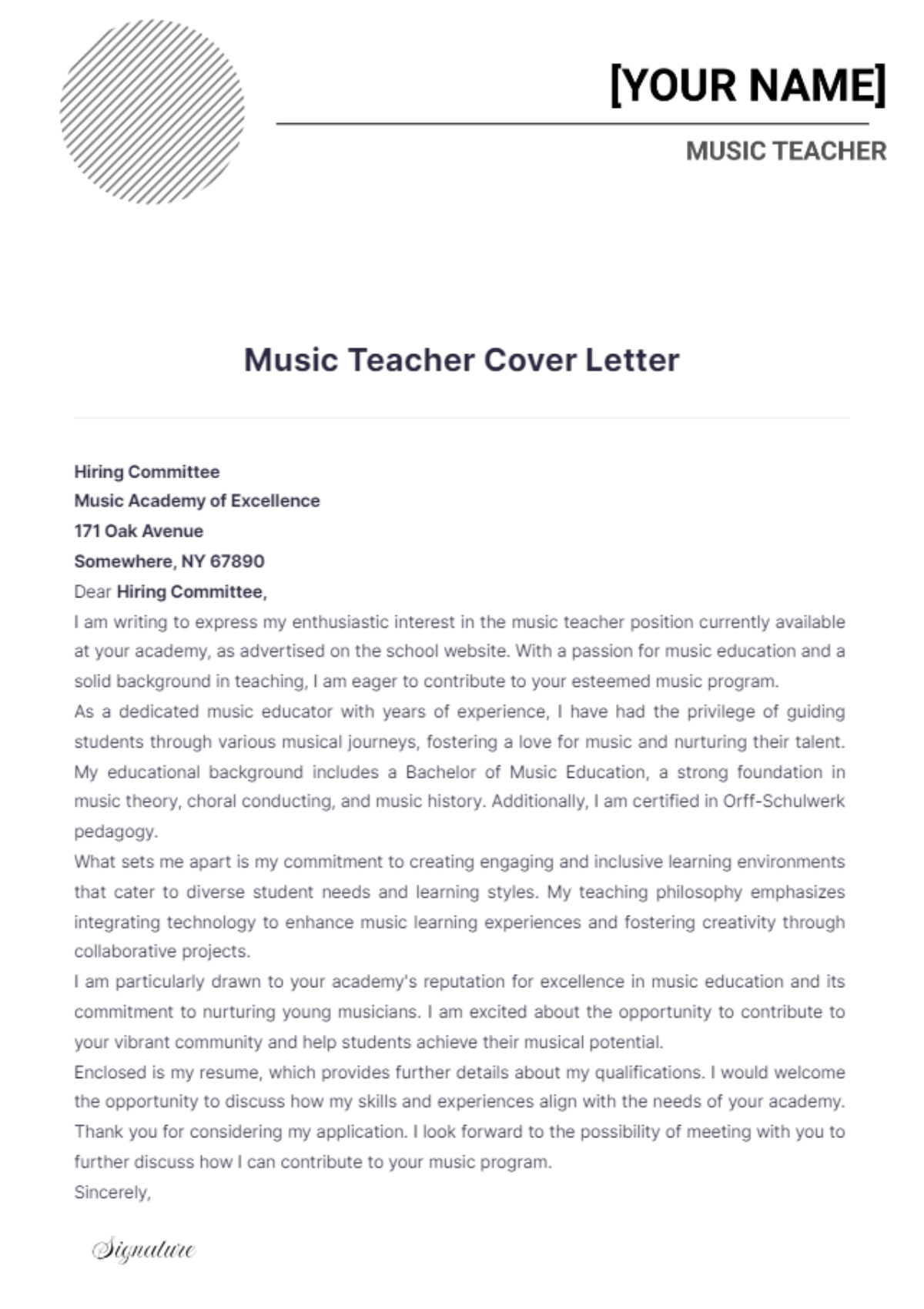 Music Teacher Cover Letter - Edit Online & Download