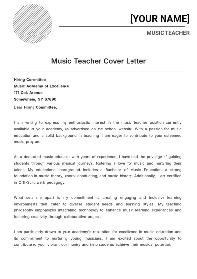 Free Music Teacher Cover Letter to Edit Online