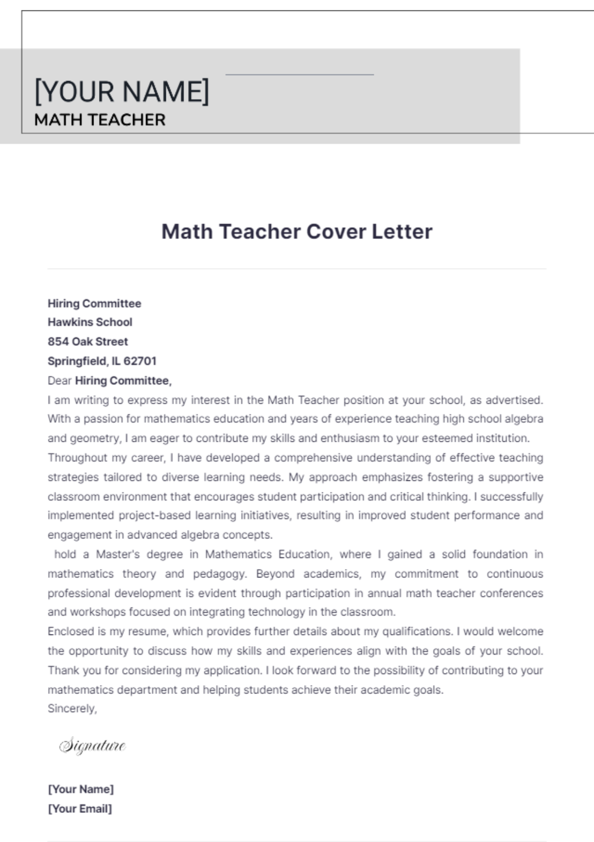 Math Teacher Cover Letter - Edit Online & Download