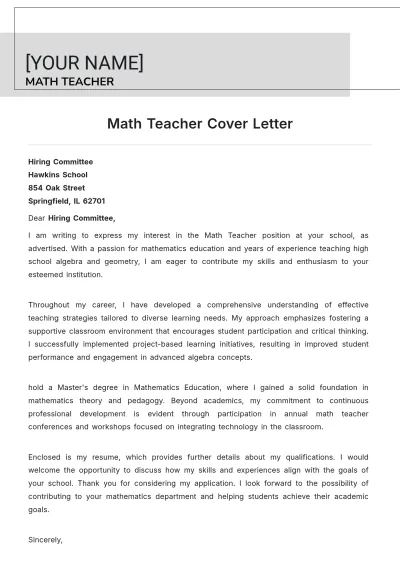 Free Math Teacher Cover Letter to Edit Online