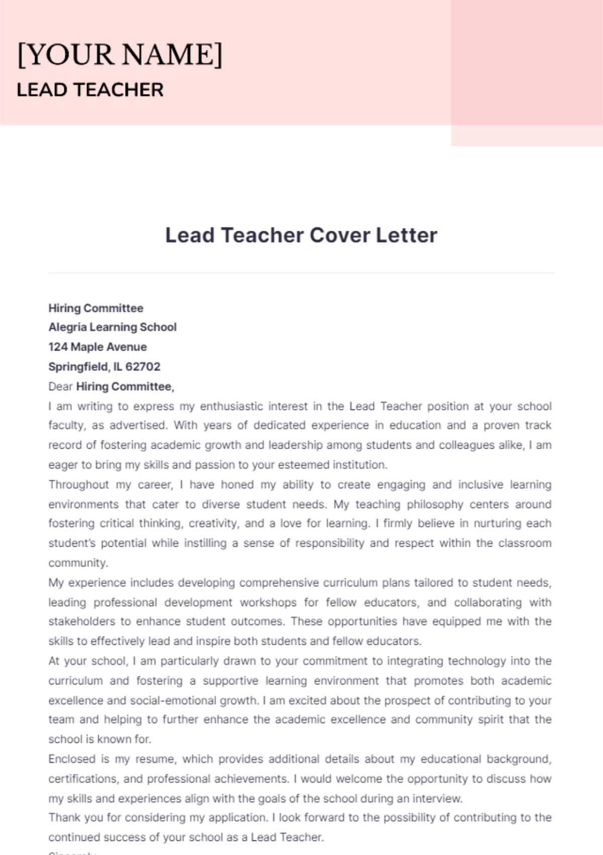 Lead Teacher Cover Letter - Edit Online & Download