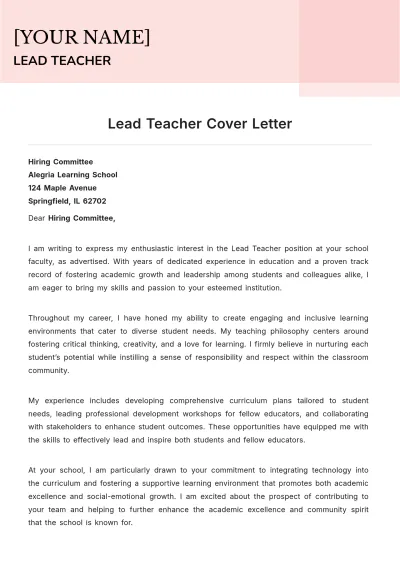 Free Lead Teacher Cover Letter to Edit Online