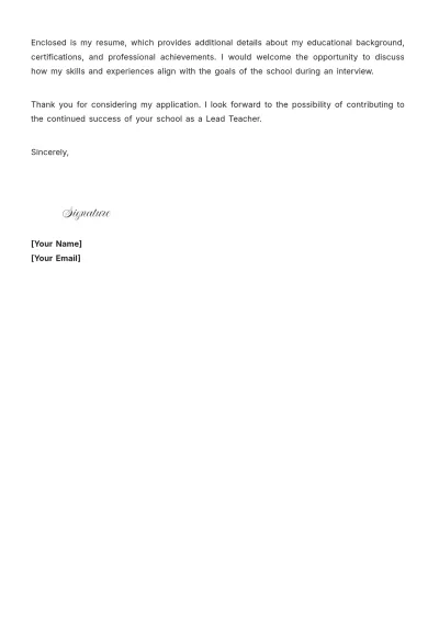Free Lead Teacher Cover Letter to Edit Online