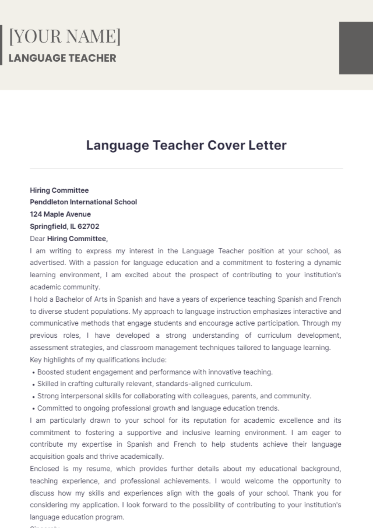 Language Teacher Cover Letter - Edit Online & Download