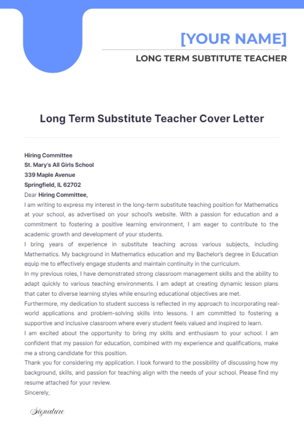 Long Term Substitute Teacher Cover Letter - Edit Online & Download