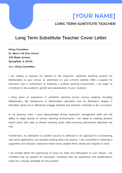 Free Long Term Substitute Teacher Cover Letter to Edit Online