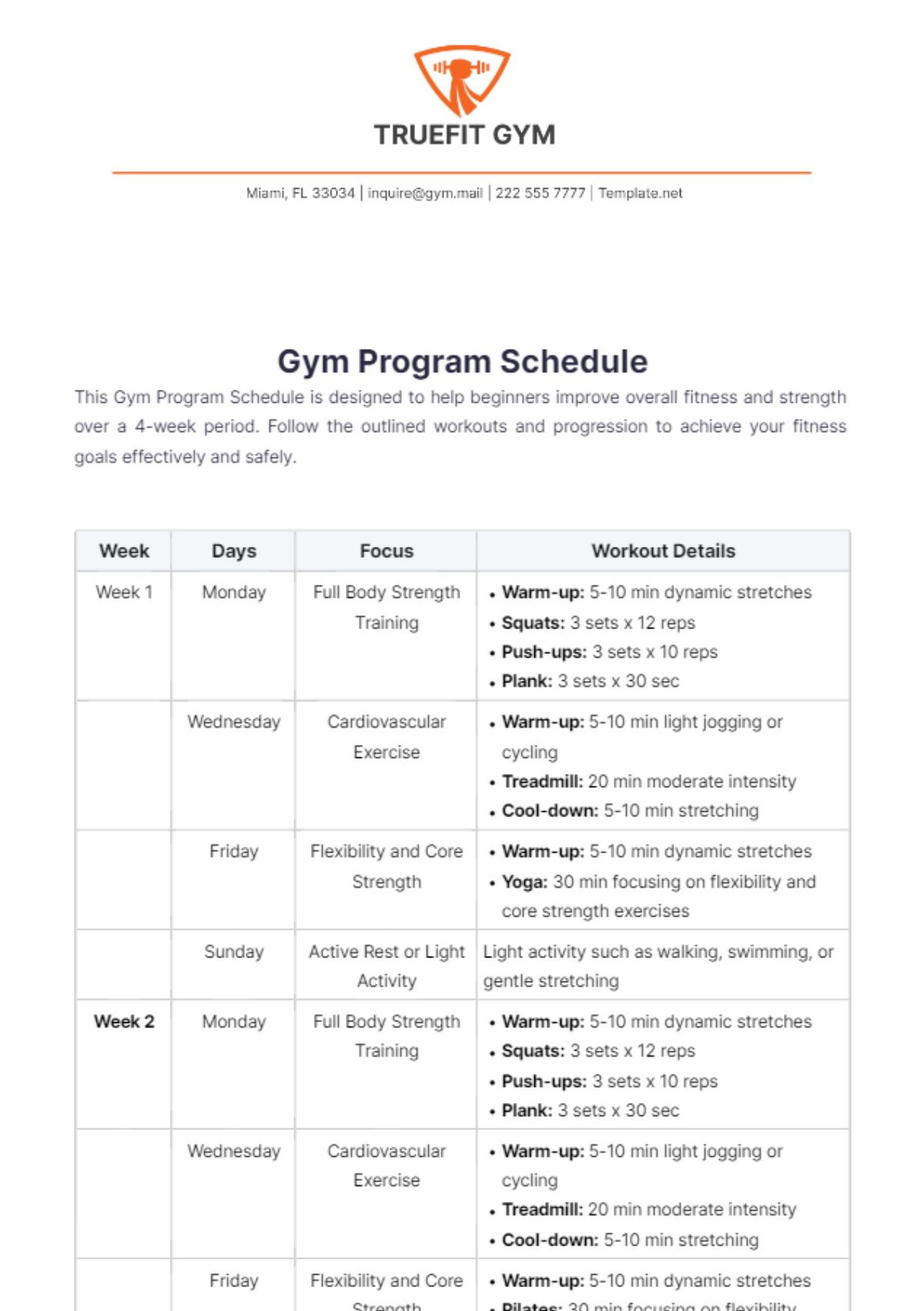 Gym Program Schedule Template - Edit Online & Download