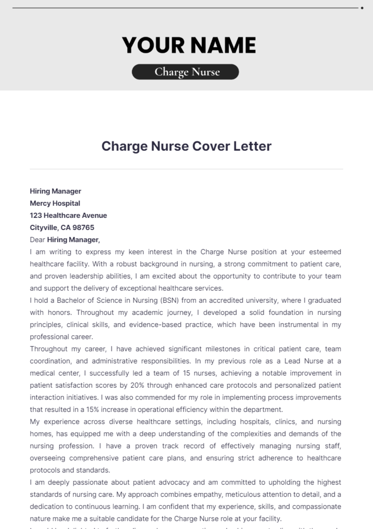 Charge Nurse Cover Letter - Edit Online & Download