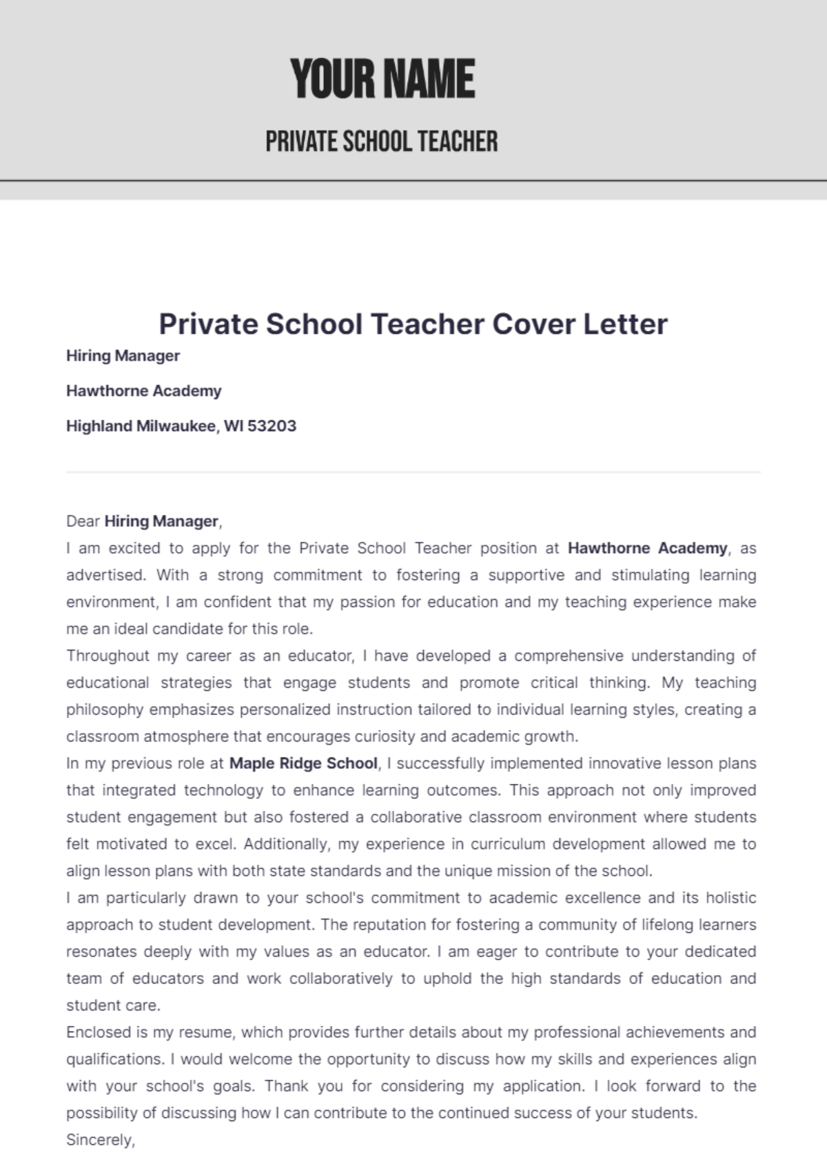 Free Private School Teacher Cover Letter Template - Edit Online ...