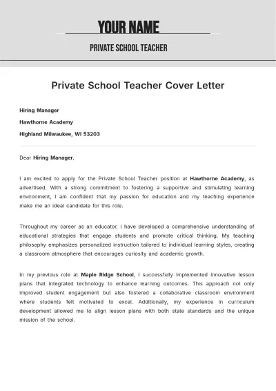 Free Private School Teacher Cover Letter to Edit Online