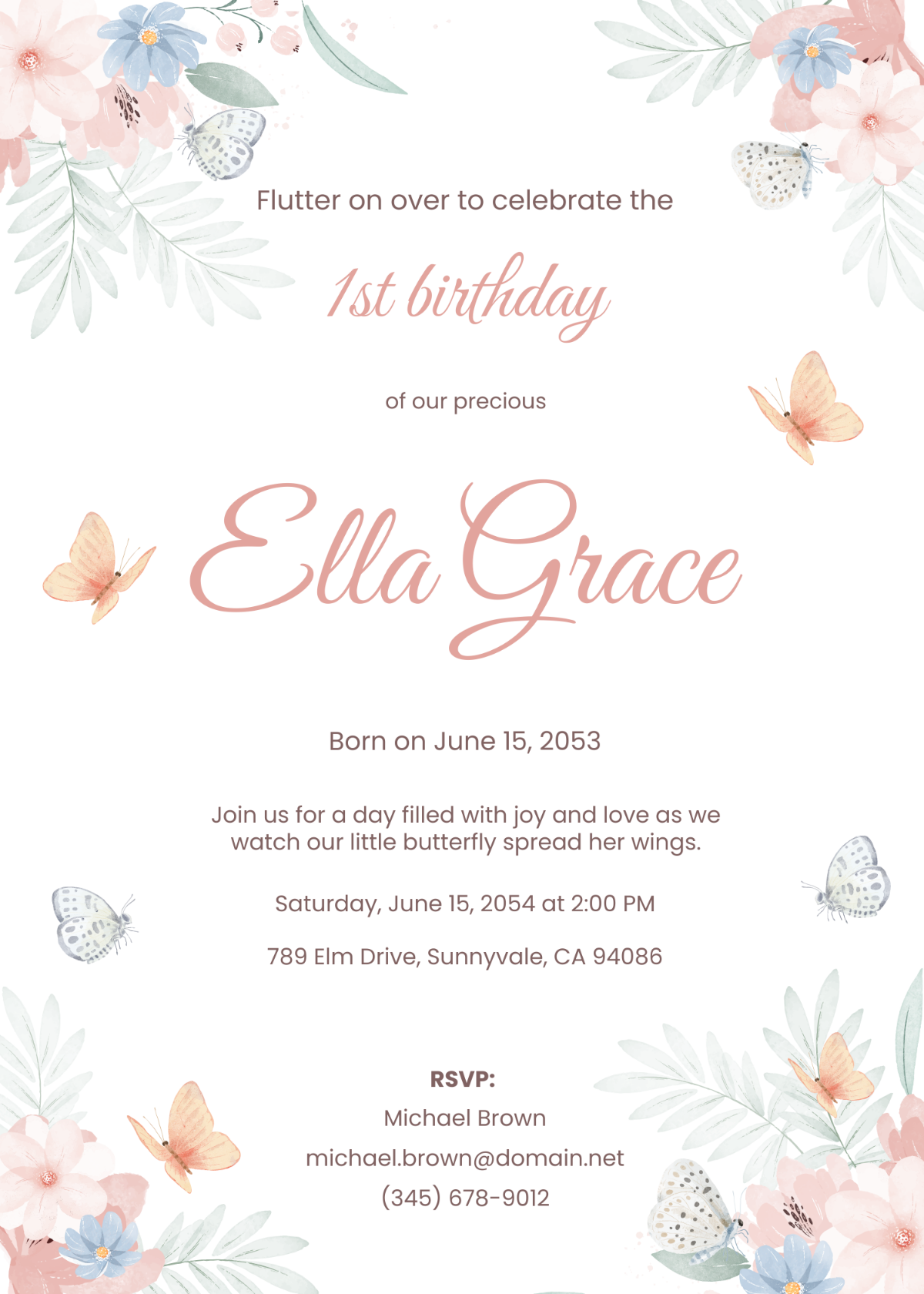 Butterfly 1st Birthday Invitation