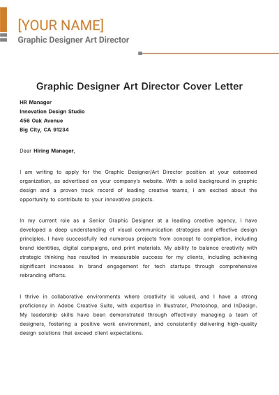 Free Graphic Designer Art Director Cover Letter to Edit Online