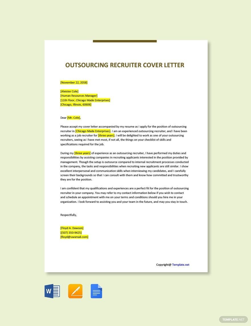 Outsourcing Recruiter Cover Letter
