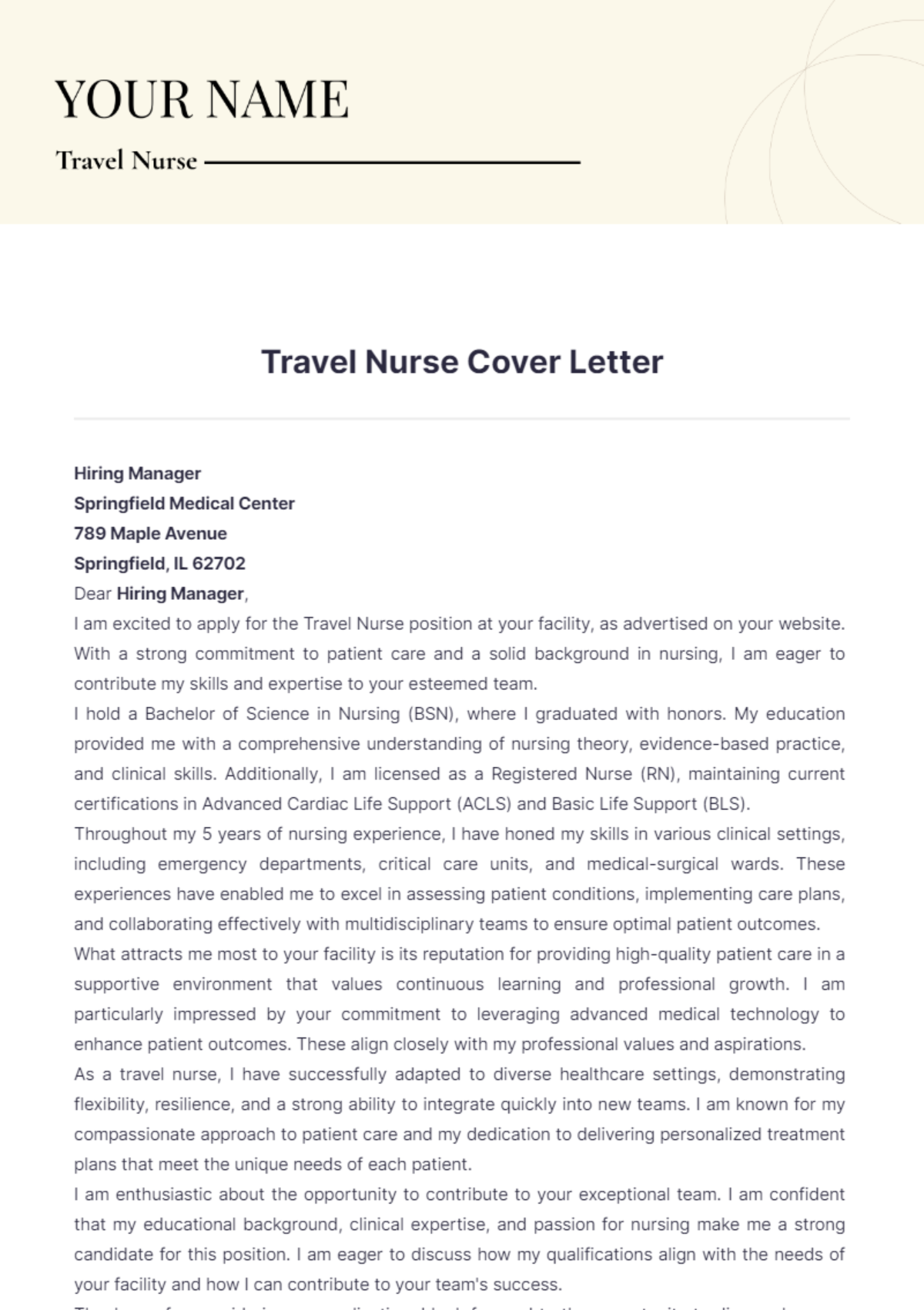 Travel Nurse Cover Letter - Edit Online & Download