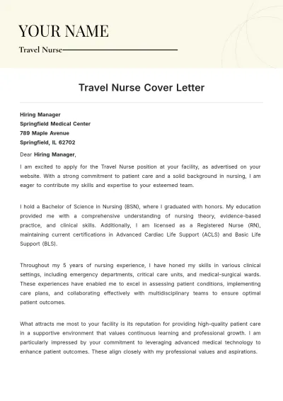 Free Travel Nurse Cover Letter to Edit Online