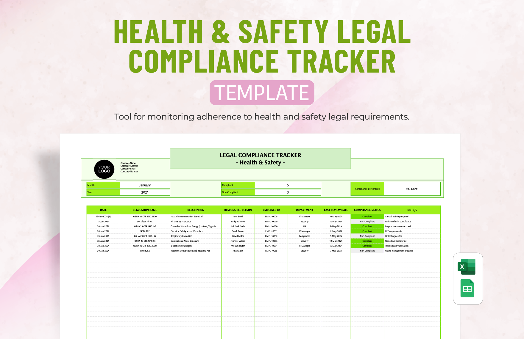 Health & Safety Legal Compliance Tracker Template in Excel, Google Sheets