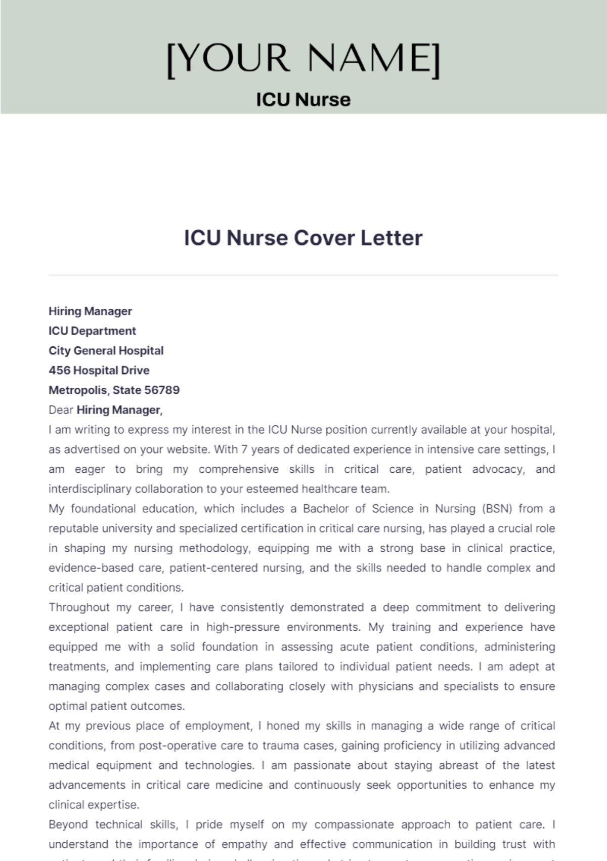 ICU Nurse Cover Letter - Edit Online & Download