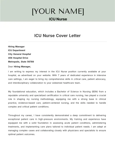 Free ICU Nurse Cover Letter to Edit Online