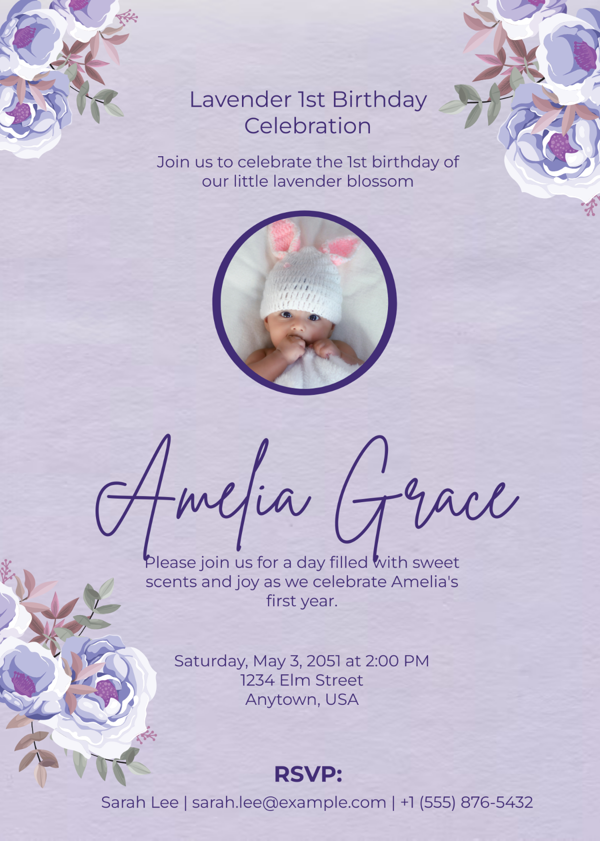 Lavender 1st Birthday Invitation