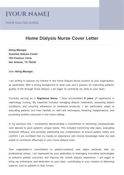 Free Home Dialysis Nurse Cover Letter to Edit Online