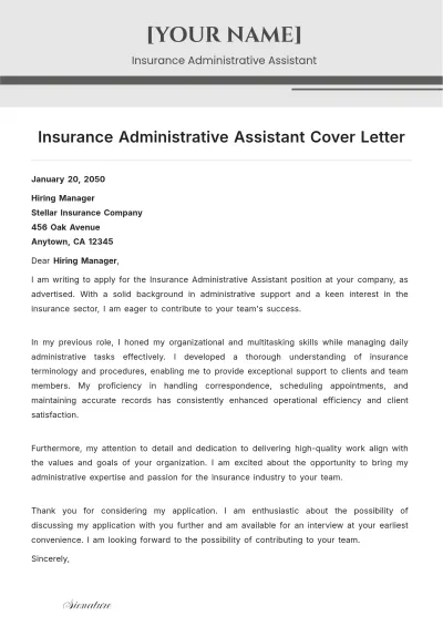Free Insurance Administrative Assistant Cover Letter to Edit Online