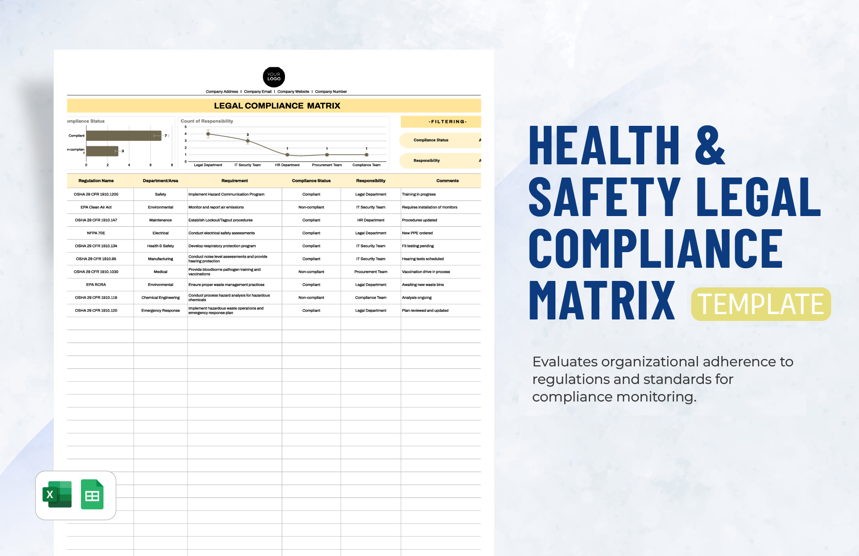 Health & Safety Legal Compliance Matrix Template in Excel, Google Sheets