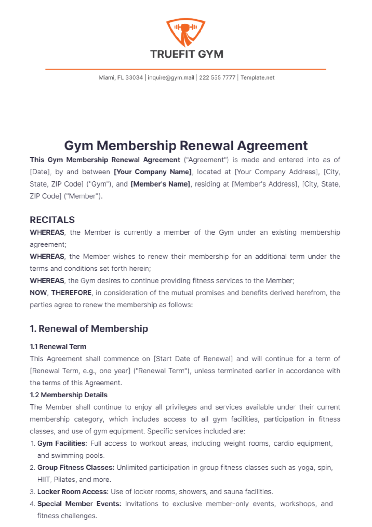 Gym Membership Renewal Agreement Template - Edit Online & Download