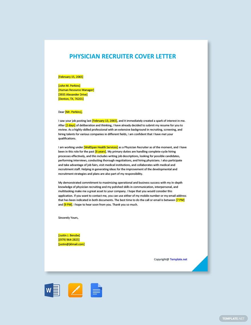 Free Physician Recruiter Cover Letter in Word, Google Docs, PDF, Apple Pages