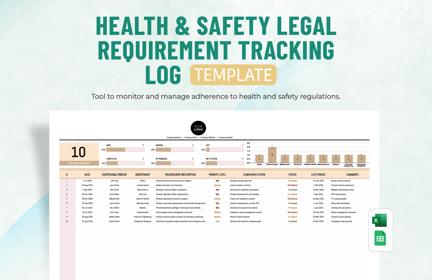 Health & Safety Legal Requirement Tracking Log Template in Excel, Google Sheets