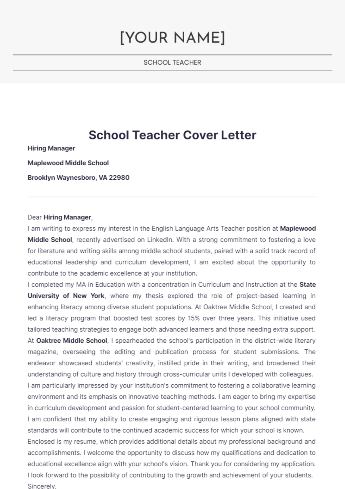 Free School Teacher Cover Letter Template - Edit Online & Download ...