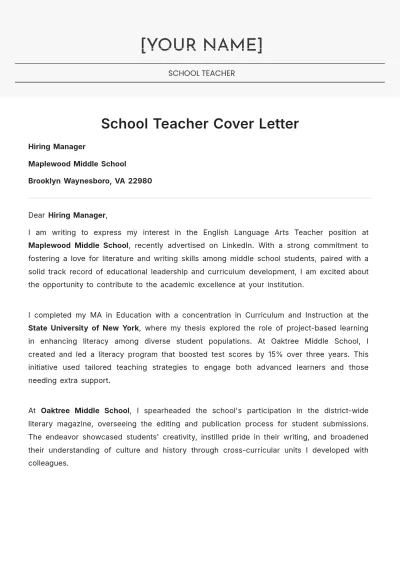 Free School Teacher Cover Letter to Edit Online