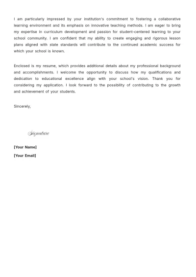 Free School Teacher Cover Letter to Edit Online