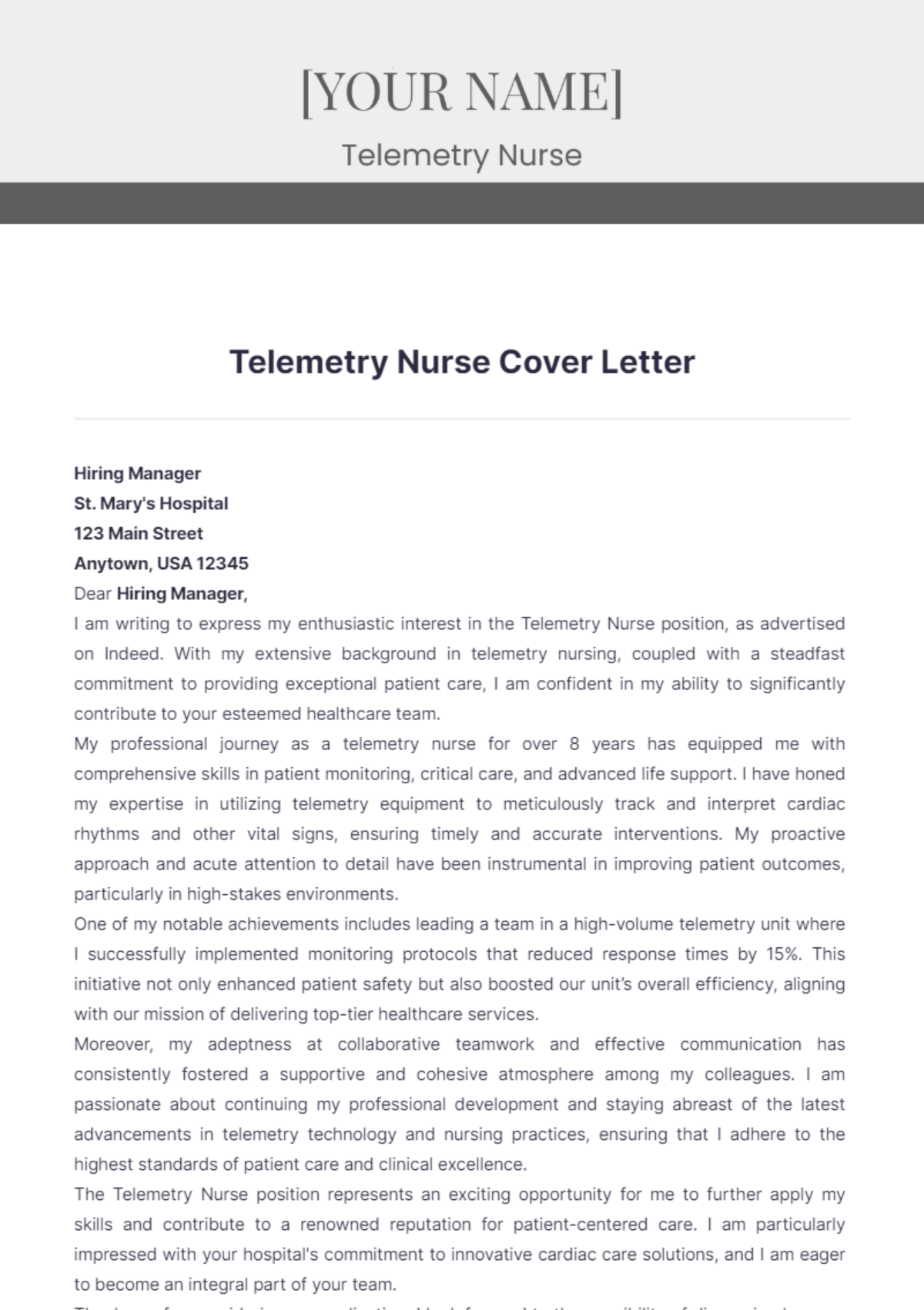 Free Telemetry Nurse Cover Letter Template - Edit Online & Download ...