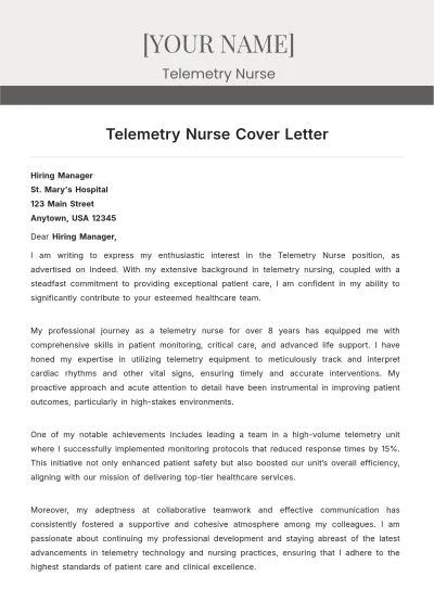 Free Telemetry Nurse Cover Letter to Edit Online