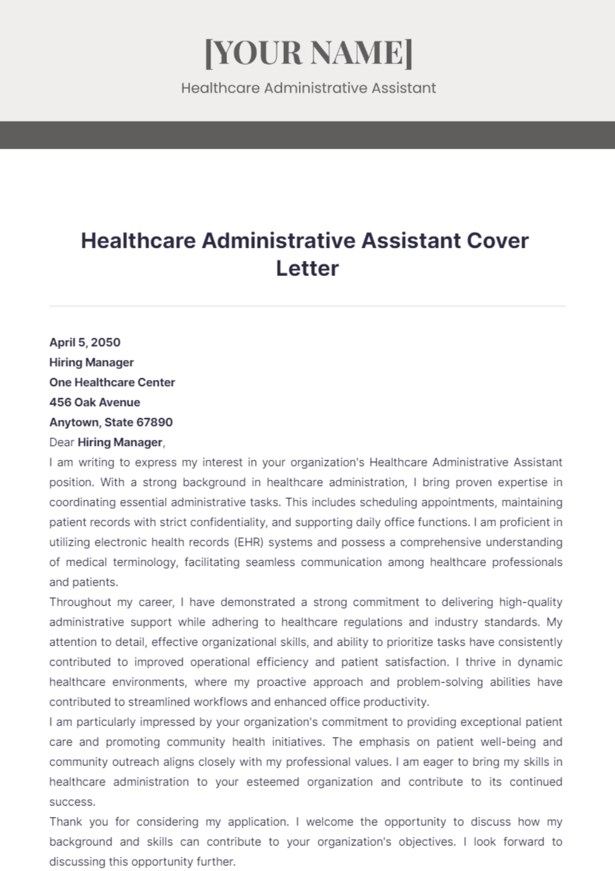 Healthcare Administrative Assistant Cover Letter - Edit Online & Download