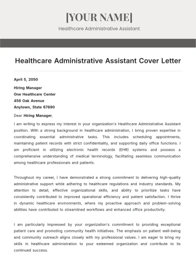 Free Healthcare Administrative Assistant Cover Letter to Edit Online