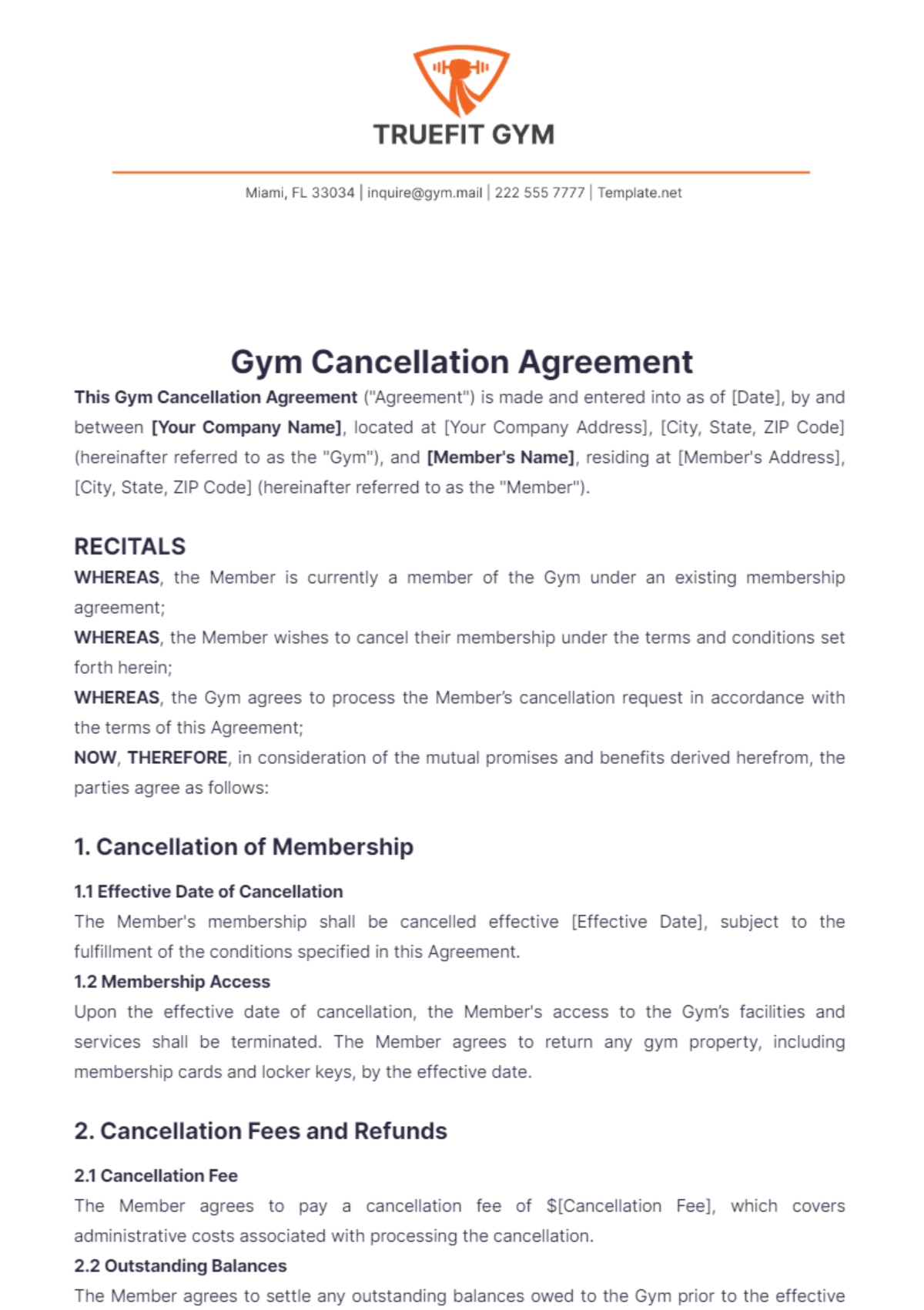 Gym Cancellation Agreement Template - Edit Online & Download