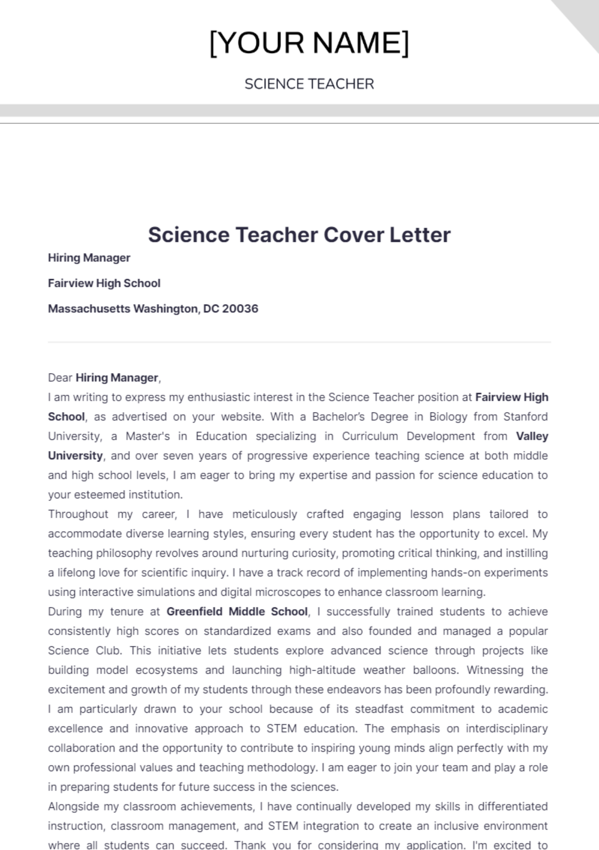 cover letter science teacher