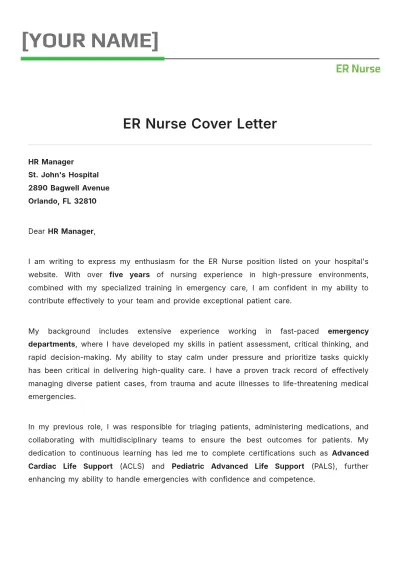Free ER Nurse Cover Letter to Edit Online