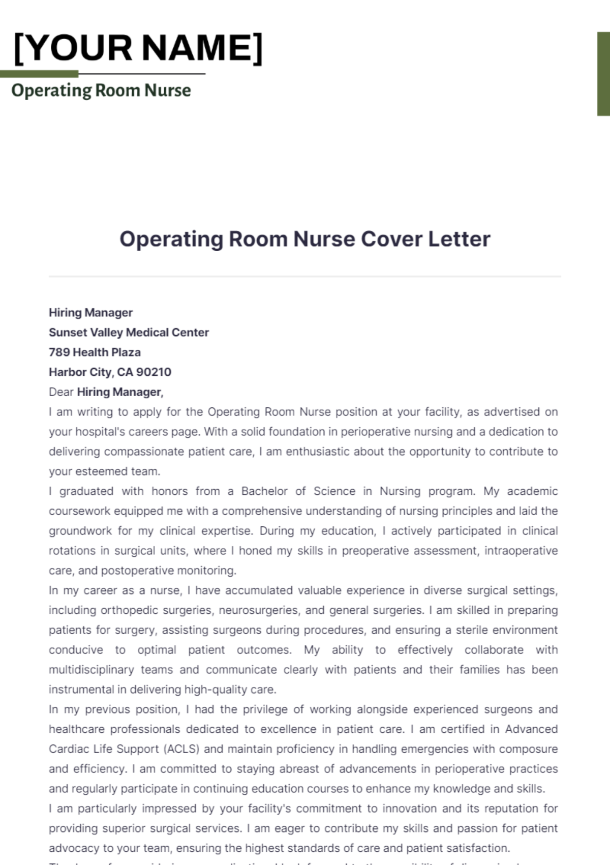 Operating Room Nurse Cover Letter - Edit Online & Download