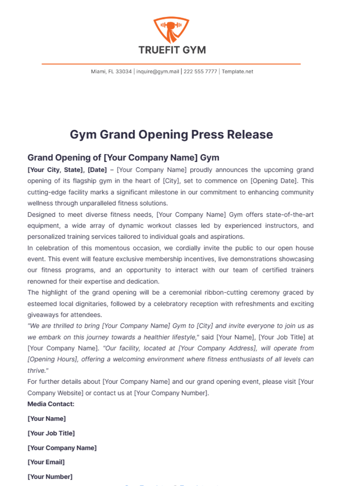 Gym Grand Opening Press Release Template - Edit Online & Download