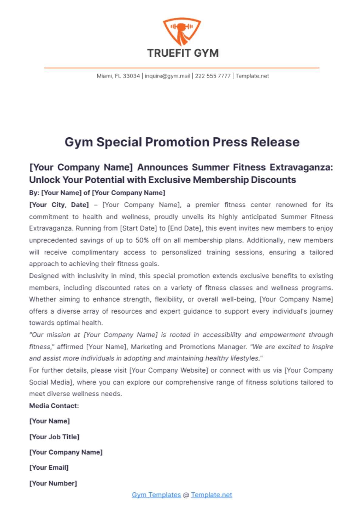 Gym Special Promotion Press Release Template - Edit Online & Download