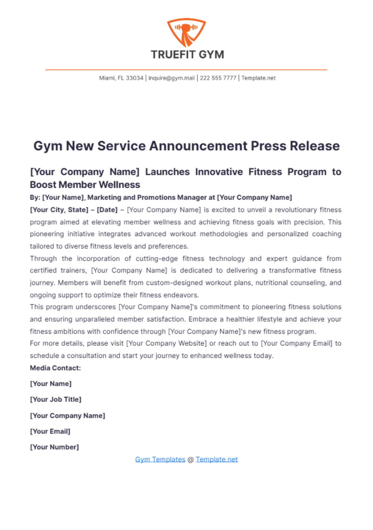 Free Gym New Service Announcement Press Release Template