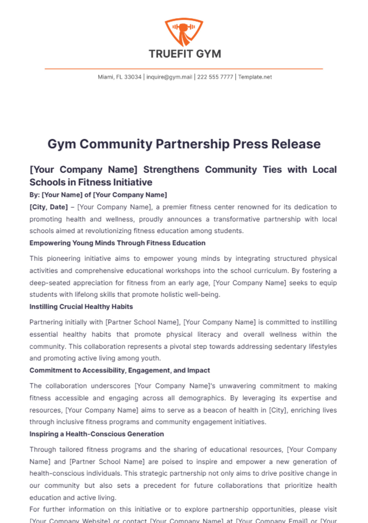 Gym Community Partnership Press Release Template - Edit Online & Download