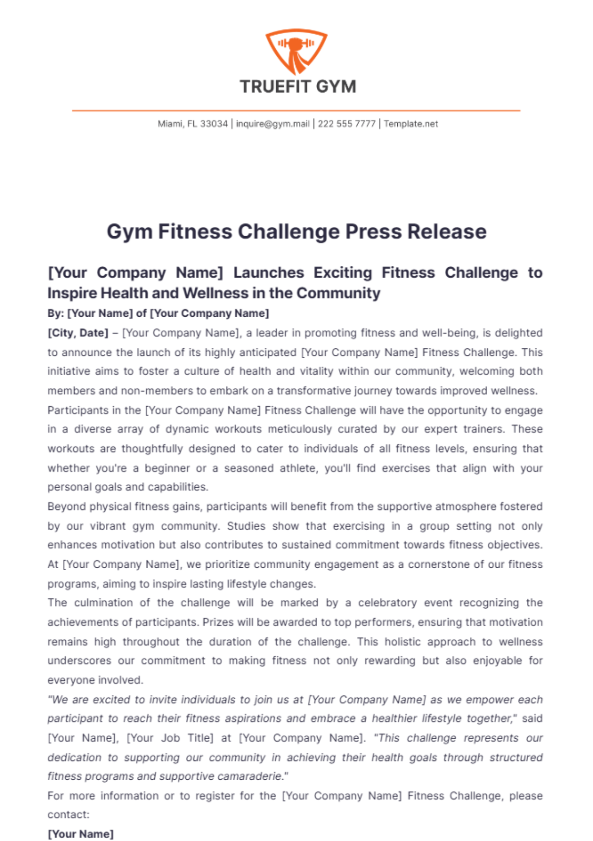 Gym Fitness Challenge Press Release Template - Edit Online & Download