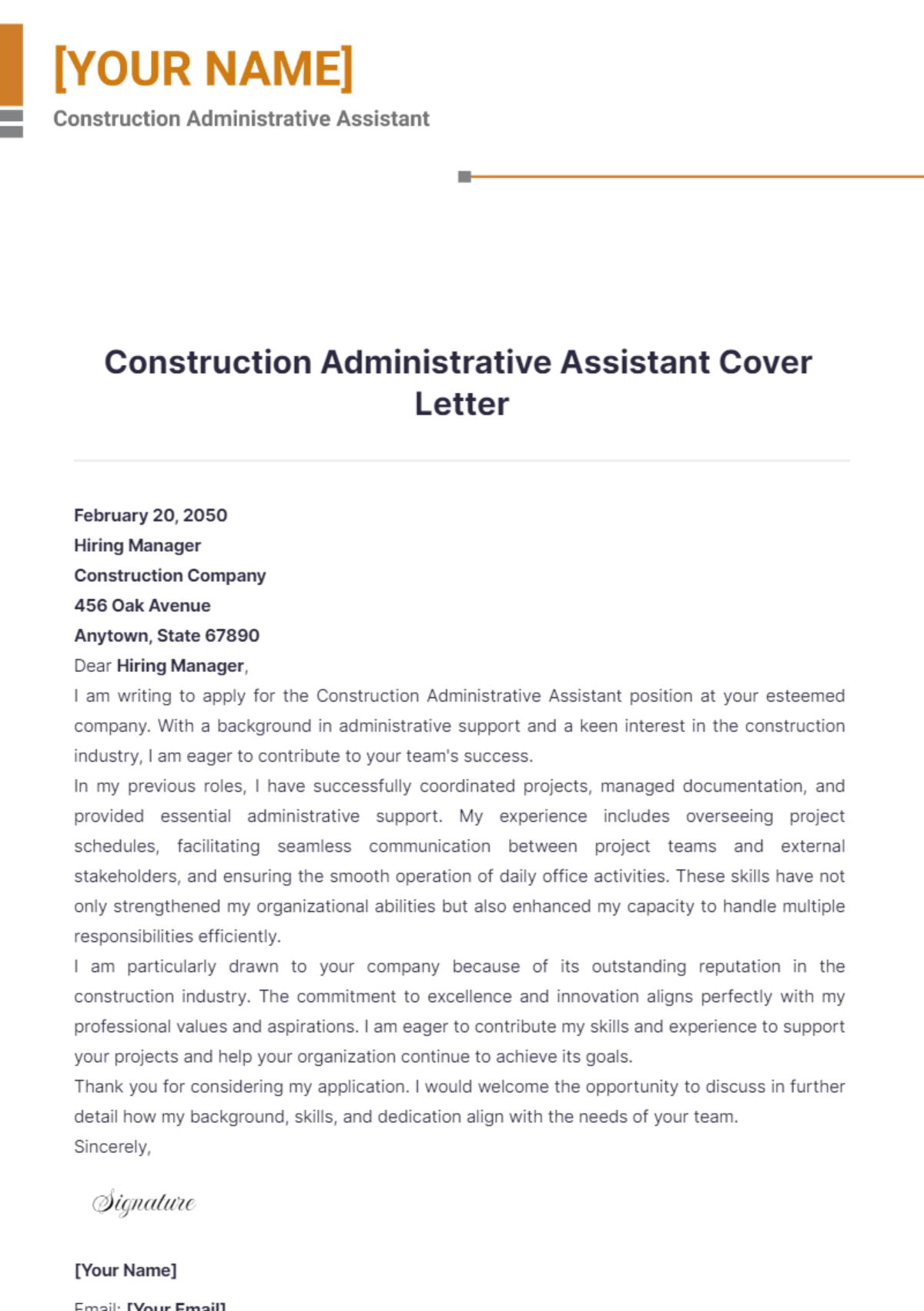 Construction Administrative Assistant Cover Letter - Edit Online & Download