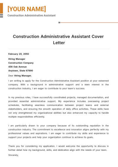 Free Construction Administrative Assistant Cover Letter to Edit Online